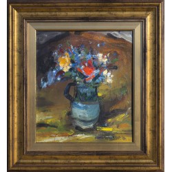 Flori în vaza albastră - pictură în ulei pe pânză, artist Iurie Cojocaru